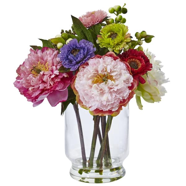 Nearly Natural 10.5 in. Artificial Peony and Mum in Glass Vase