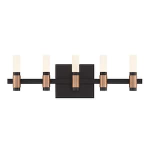 Albany 20 in. 5-Light Black/Brass Integrated LED Vanity Light Bar with Frosted Acrylic Shades