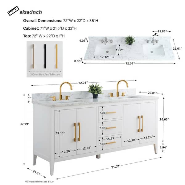 Vanity Art 72 in. W x 22 in. D x 34 in. H Double Sink