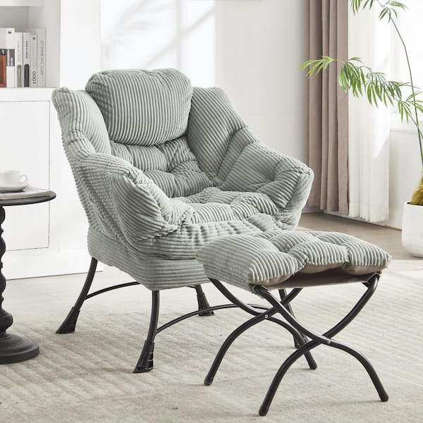HOMEFUN Modern Comfy Light Green Corduroy Lazy Accent Arm Chair with Ottoman Ergonomic Folding Footrest for Small Spaces