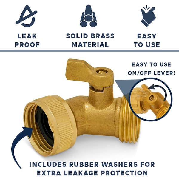 45-Degree Solid Brass Garden Hose Elbow Connector with On/Off Shutoff Valve