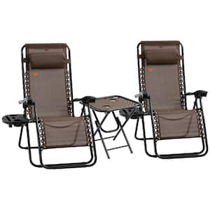 Brown Zero Gravity Chair Set with Side Table, Folding Reclining Chair with Cupholders and Pillows for Pool Backyard Lawn