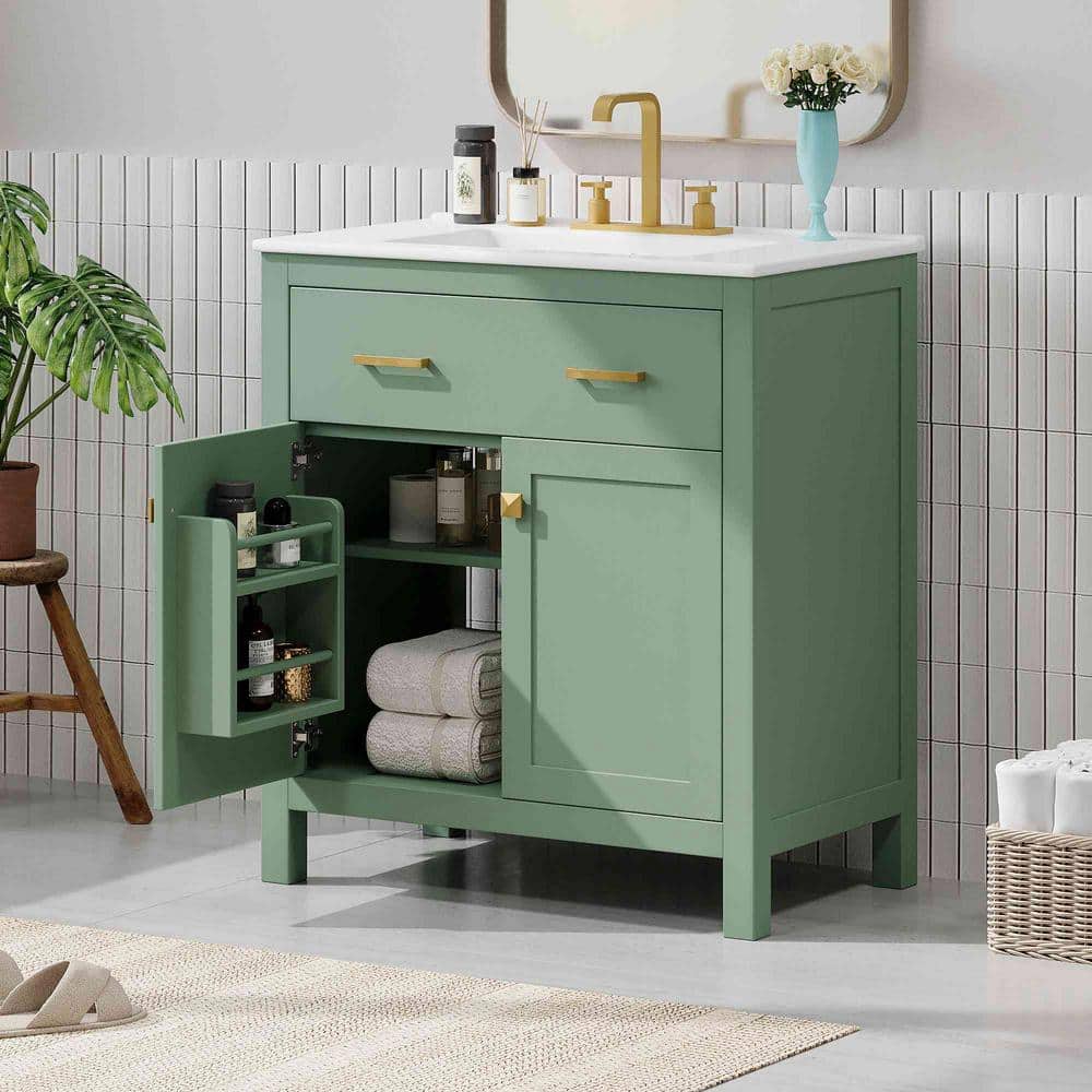 30-Inch Green MDF Freestanding Single Sink Vanity with White Ceramic Top