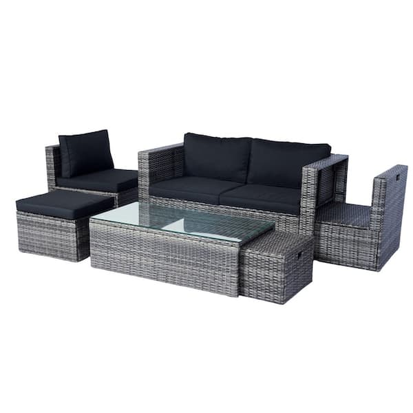 Sudzendf Grey 6-Piece Wicker Outdoor Sectional Set with Black Cushion for Patio Backyard