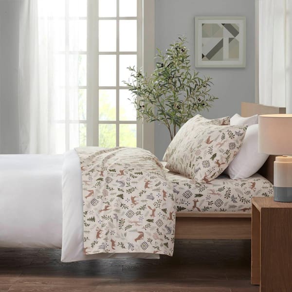 TRUE NORTH Cozy Cotton Flannel 3-Piece Tan Woodland Winter Cotton Twin Sheet Set