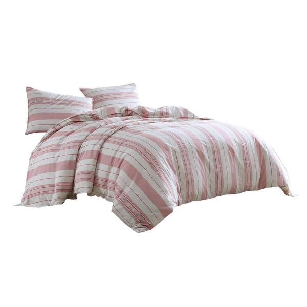 Benjara 3-Piece White and Pink Striped Microfiber Queen Comforter Set