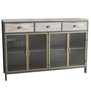 Dark Gray Wood and Metal and Glass 47.64 in. Kitchen Island with 3-Top Drawers, Freestanding Sideboard Storage Cabinet