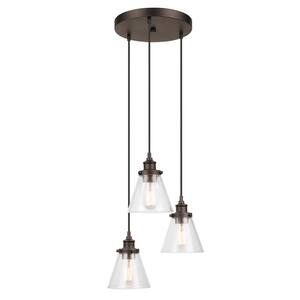 Jackson 3-Light Dark Bronze Pendant with Clear Glass Shades, Vintage Incandescent Bulbs Included