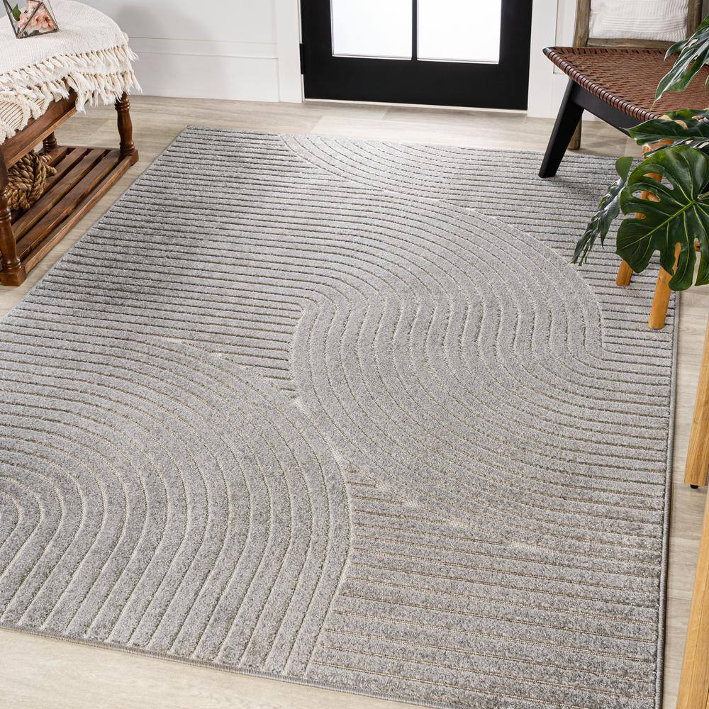 Gray and Ivory High-Low Geometric Synthetic 8' x 10' Area Rug