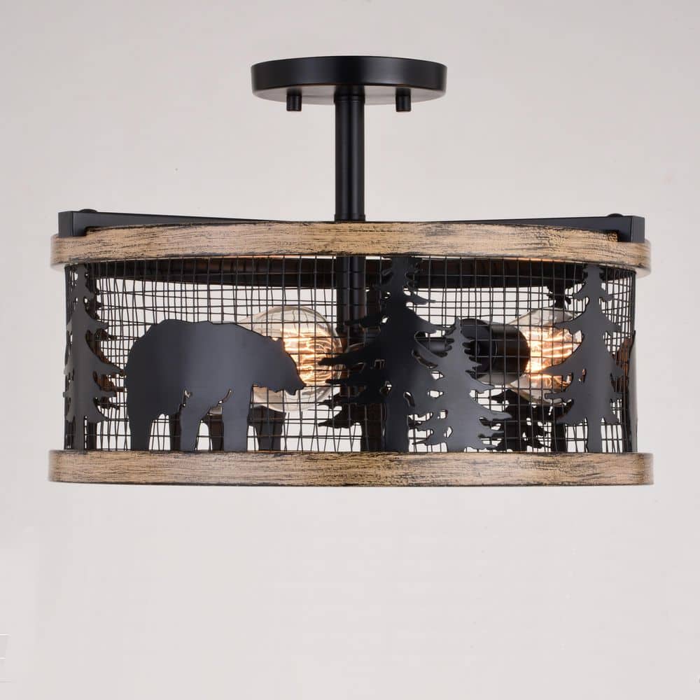 Kodiak Rustic Black and Teak 16" Drum Ceiling Light