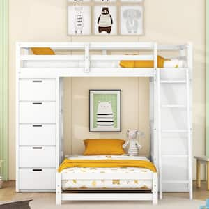 White Twin Over Twin Bunk Bed with LED Light and USB Ports