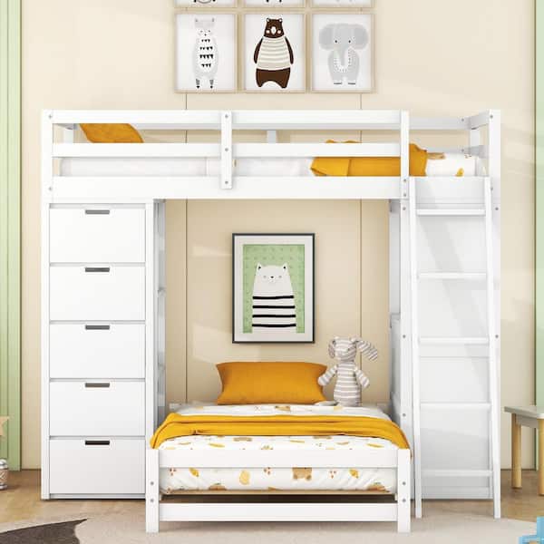 White Twin Over Twin Bunk Bed with LED Light and USB Ports