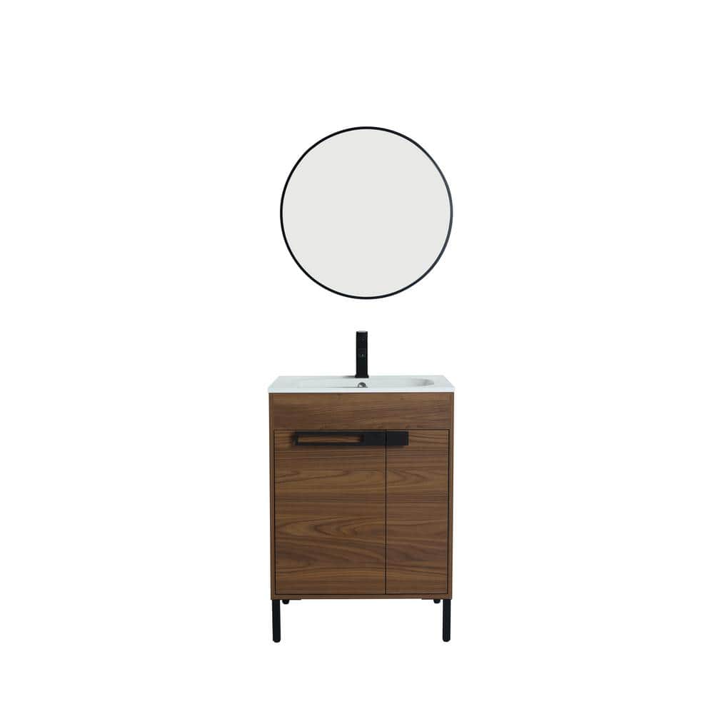 Solid Wood 24 in. Freestanding Natural Wood Brown Bath Vanity with White Re