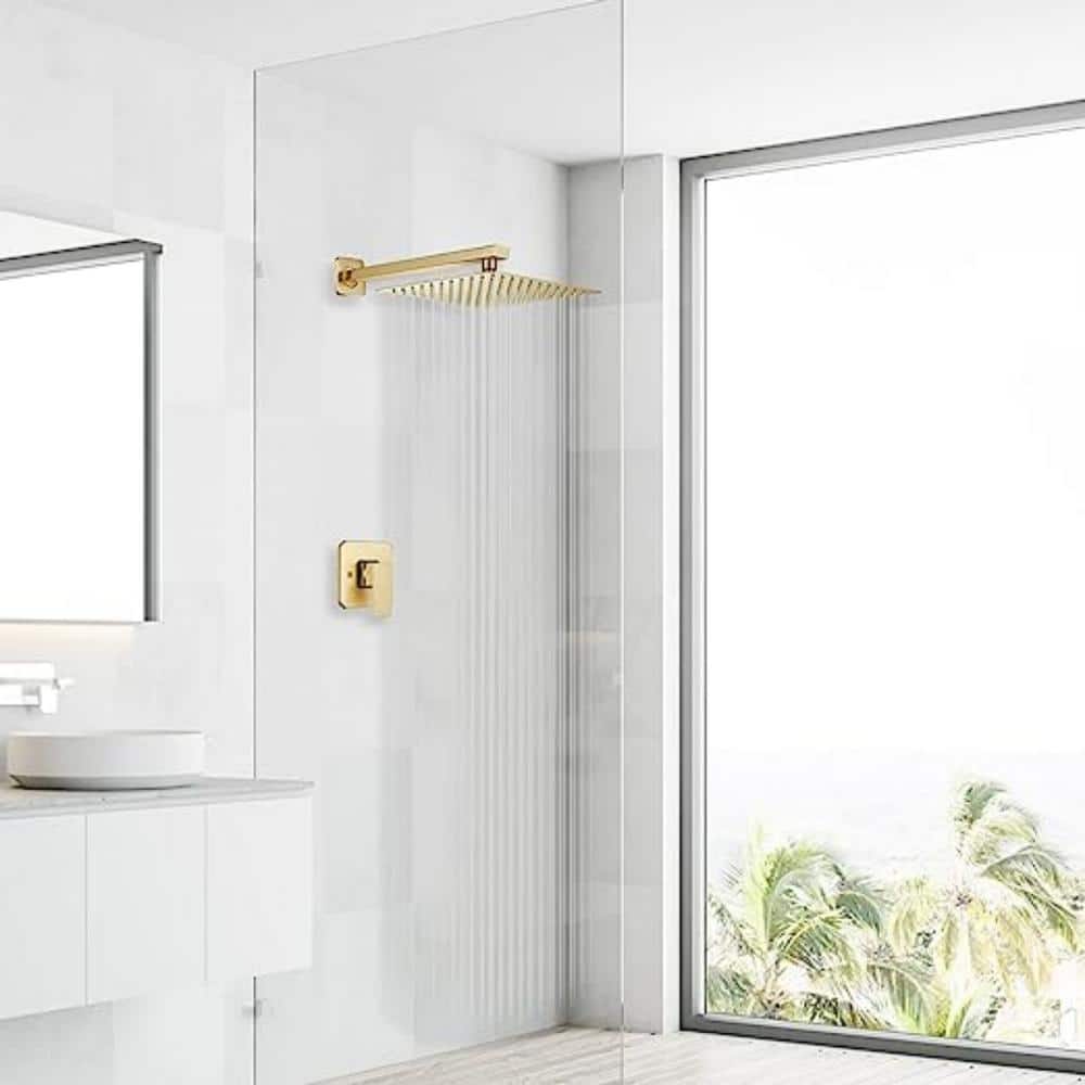 Brushed Gold 16" Square Rain Shower Head with Wall Mount