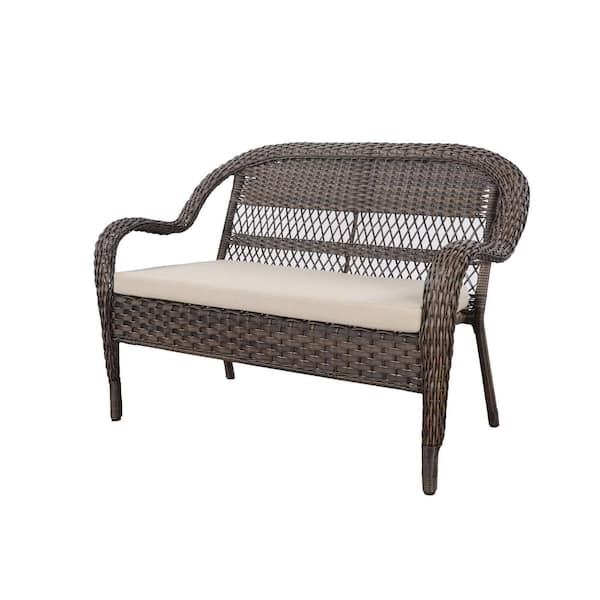 Photo 1 of Mix and Match Brown Wicker Outdoor Patio Loveseat with Beige Cushions