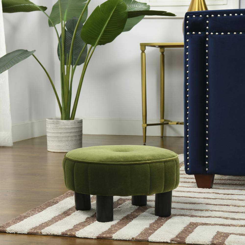 Tufted Olive Green Velvet Round Ottoman, 17"