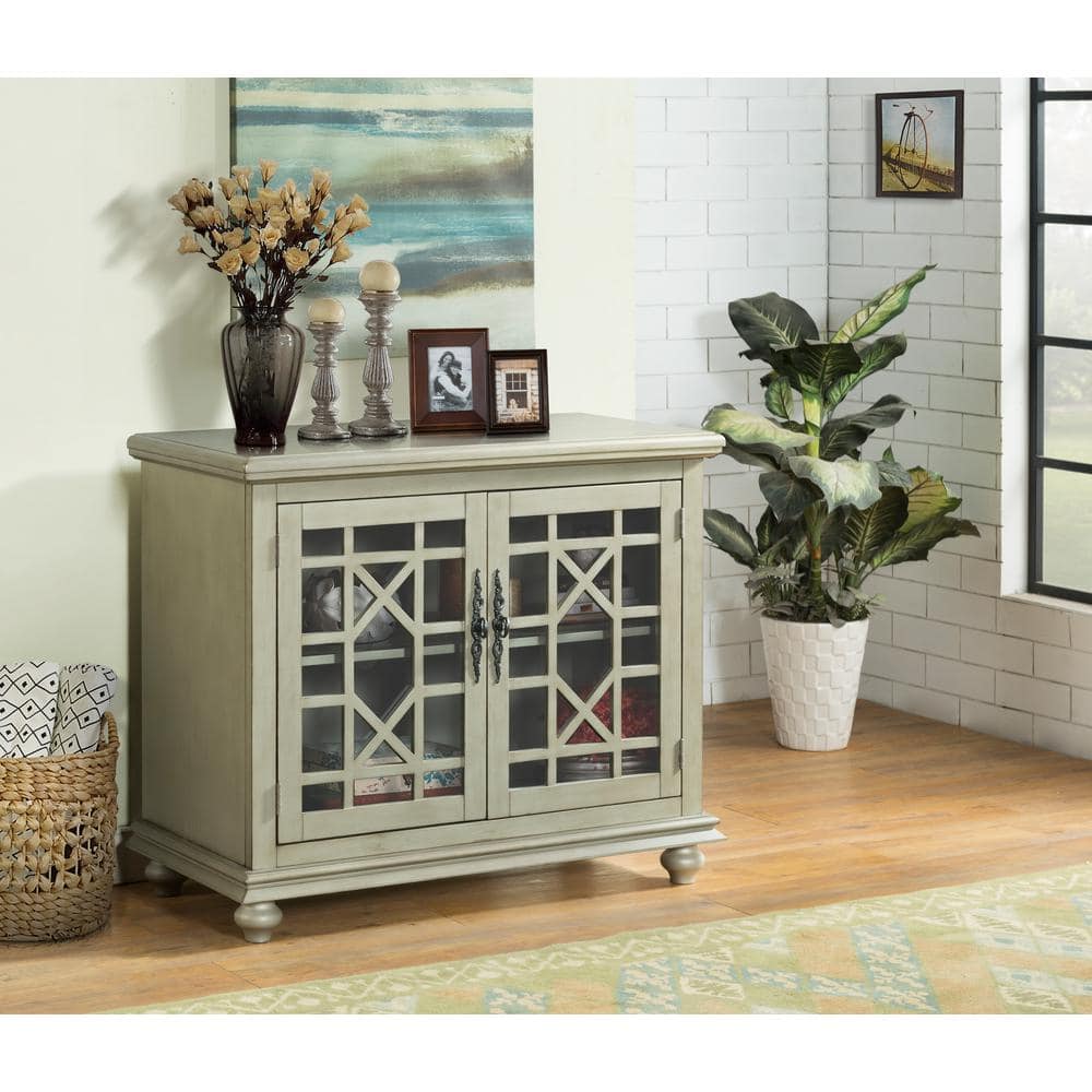 Parisian Antique Market Inspired 38" TV Stand with Trellis Glass Doors, Antique Silver