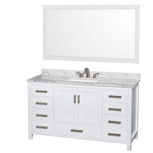 Wyndham Collection Sheffield 60 in. W x 22 in. D Bath Vanity in White with Marble Vanity Top in White Carrara with White Basin and Mirror