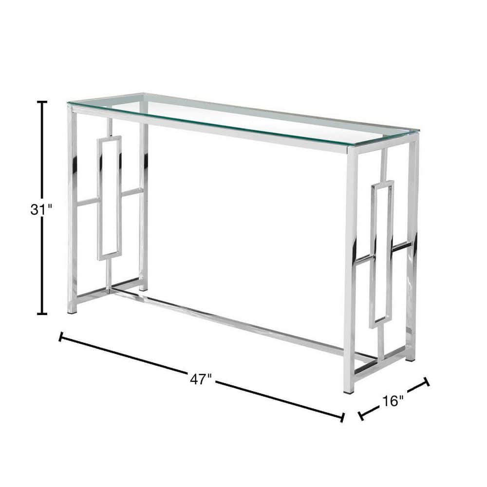 Silver Stainless Steel and Glass Console Table with Clear Top