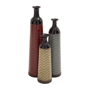 32 in., 27 in., 22 in. Multi Colored Tall Enameled Bottleneck Floor Metal Decorative Vase with Chevron Pattern (3-Set)