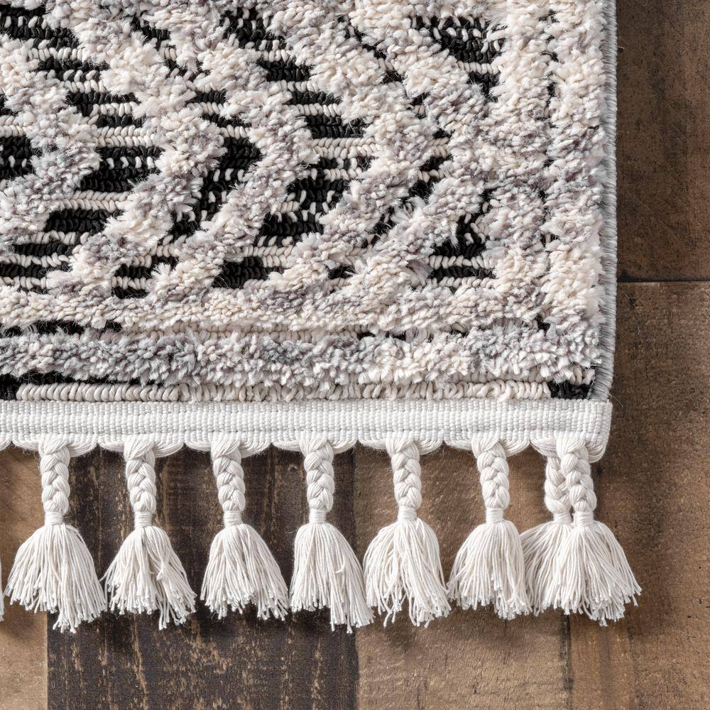 Gray Moroccan Lattice Tassel Runner Rug with Braided Shag