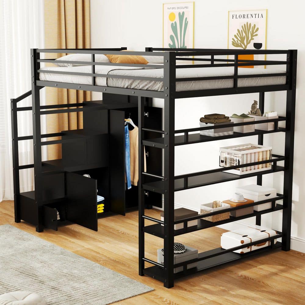 Harper & Bright Designs Black Full Size Metal Loft Bed with 4-Tier ...