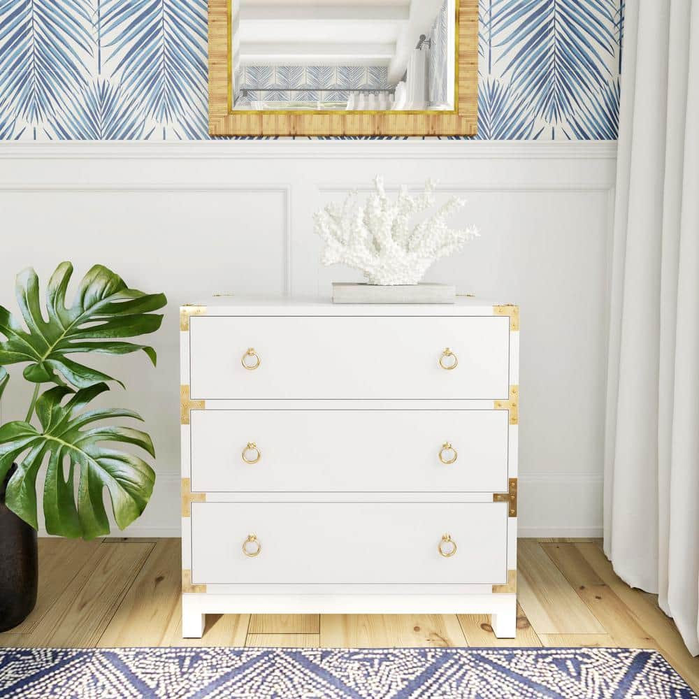 Forster Glossy White 3-Drawer Accent Chest with Steel Accents