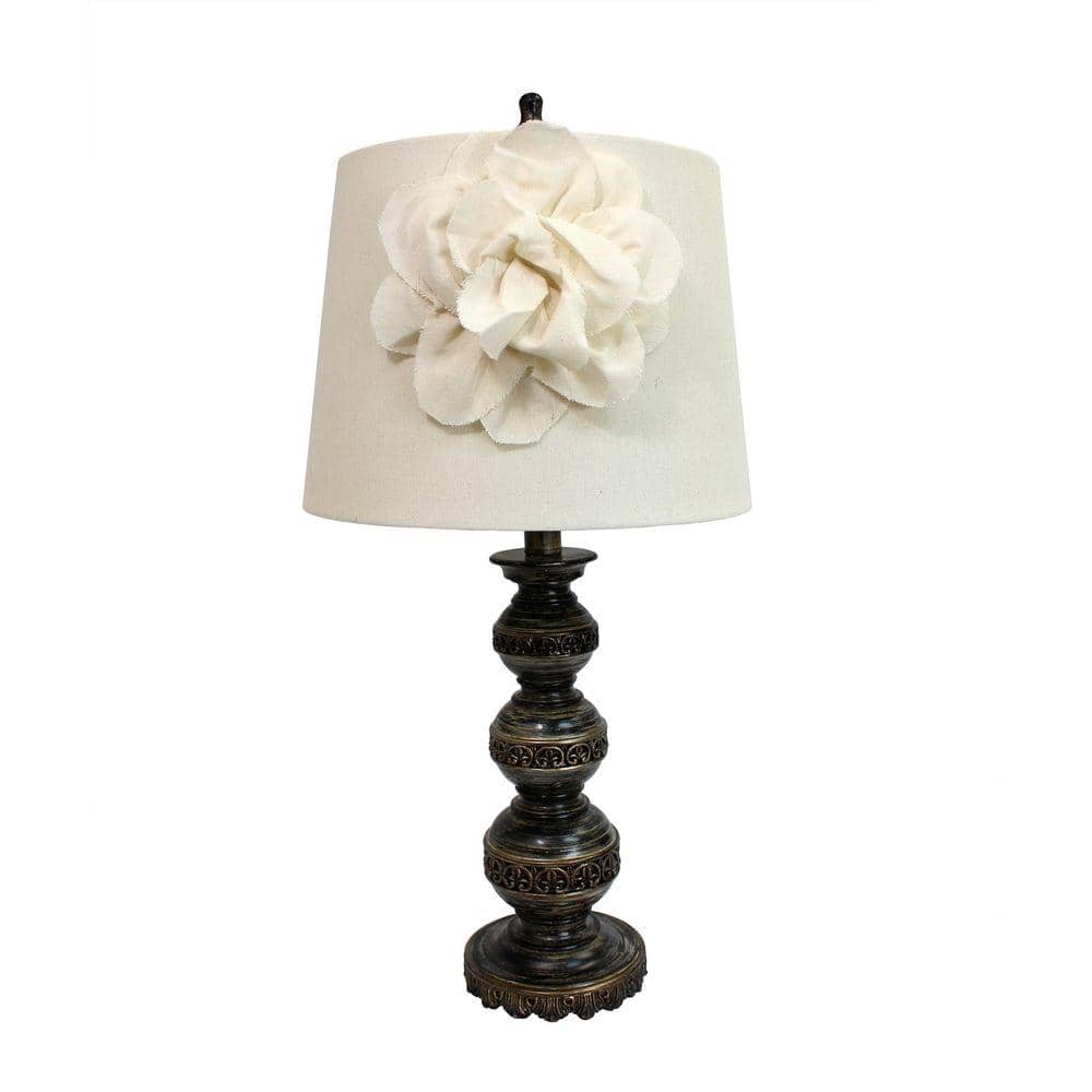 Aged Bronze Stacked Ball Table Lamp with Linen Flower Shade