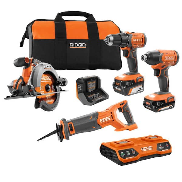 RIDGID 18V Cordless 4-Tool Combo Kit with 4.0 Ah Battery, 2.0 Ah Battery, Charger, Bag and 18V Dual Port Simultaneous Charger