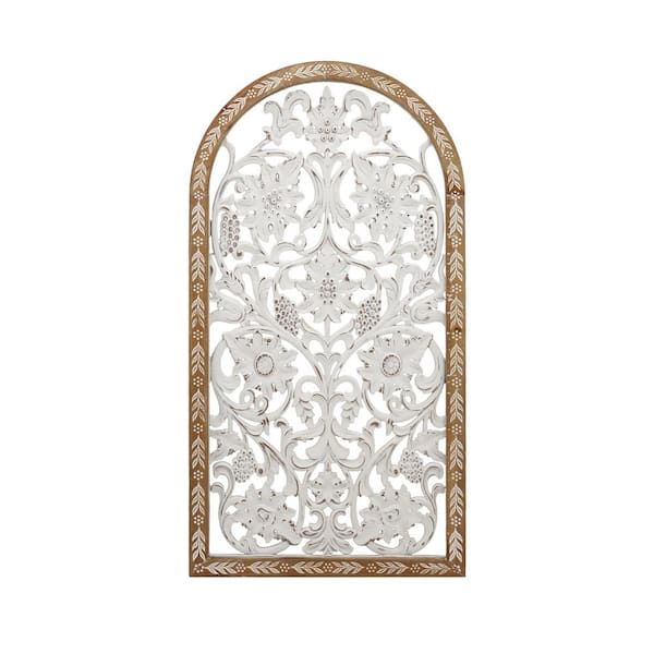 PARISLOFT 32.7 in. x 16.9 in. Arched Carved Wooden White and Brown Floral Wall Decor by Kim Framed Wooden Wall Art