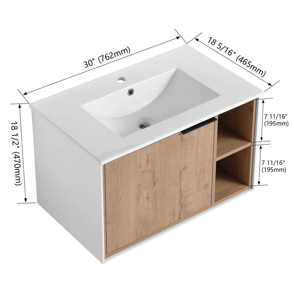 30 in. Imitative Oak Floating Wall Mounted Single Vanity with Ceramic Top