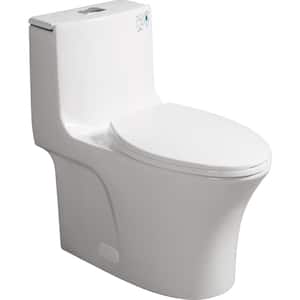 15 1/8 Inch One-Piece 1.1/1.6 GPF Dual Flush Elongated Toilet in Gloss White with Soft-Close Seat