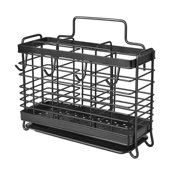 Black Stainless Steel Kitchen Utensil Holder Rack with Drain Tray and Hooks, Countertop or Wall Mount Organizer