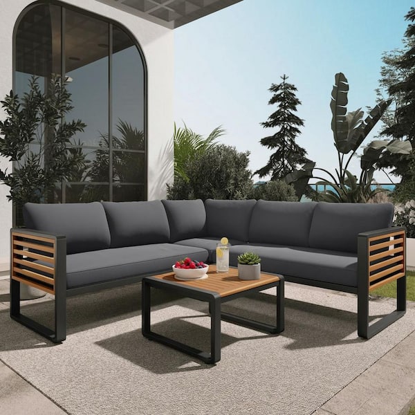 4-Piece Wood and Metal Frame Outdoor Patio L-shaped Chat Sectional Sofa Set with Soft Gray Cushion and Coffee Table