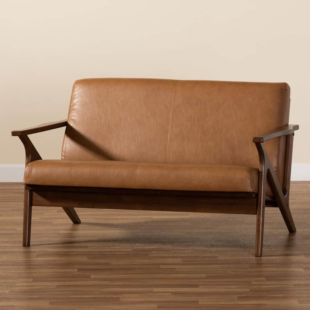 Mid-Century Modern Tan Faux Leather and Walnut Wood Loveseat