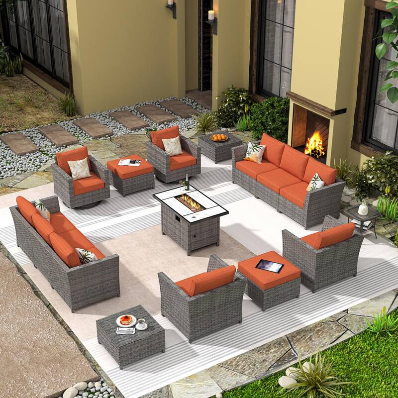 Vesta Gray 16-Piece Wicker Outerdoor Patio Rectangular Fire Pit Set with Orange Red Cushions and Swivel Rocking Chairs