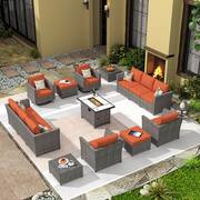 Vesta Gray 16-Piece Wicker Outerdoor Patio Rectangular Fire Pit Set with Orange Red Cushions and Swivel Rocking Chairs