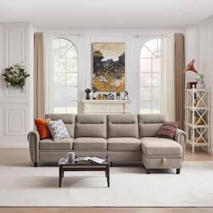 106.69 in. Wide Beige Round-Arm Fabric 4-Seater L Shaped Reversible Sectional Sofa with Side Storage Bags