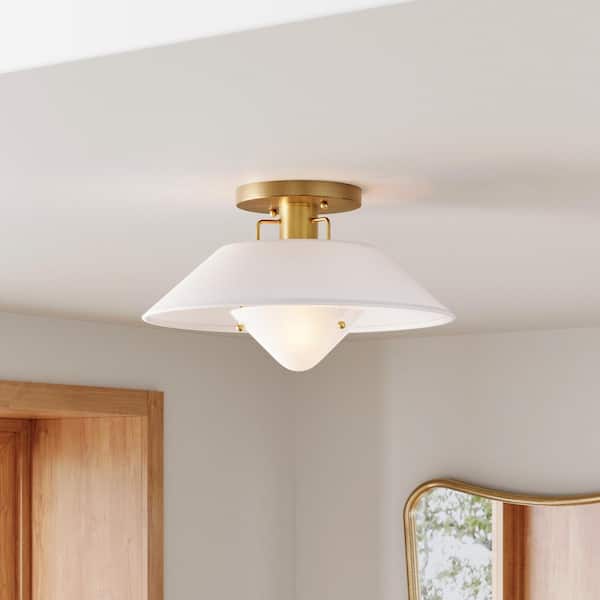 Artisan 15.6 in. 1-Light Vintaged Brass Flush Mount with Linen Shade and Frosted Glass Diffuser, No Bulb Included