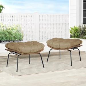 Metal PE Wicker Outdoor Ottoman with Brown Cushion (2-Pieces)