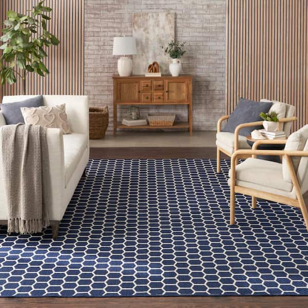 Reversible Indoor Outdoor Navy 10 ft. x 14 ft. Honeycomb Contemporary Area Rug