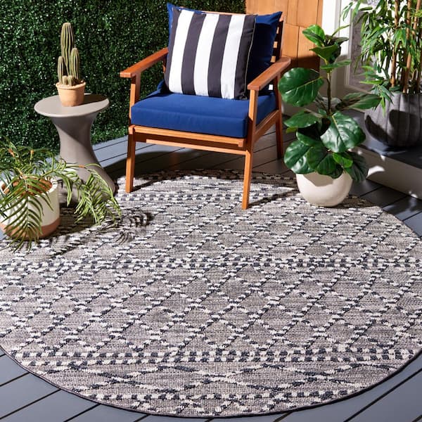 Global Gray/Ivory 7 ft. x 7 ft. Striped Geometric Diamond Indoor/Outdoor Round Area Rug