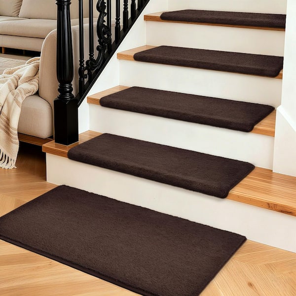 PURE ERA Plush Dark Brown 9.5 in. x 30 in. x 1.2 in. Bullnose Polyster Carpet Stair Tread Cover Landing Mat Tape Free Set of 15