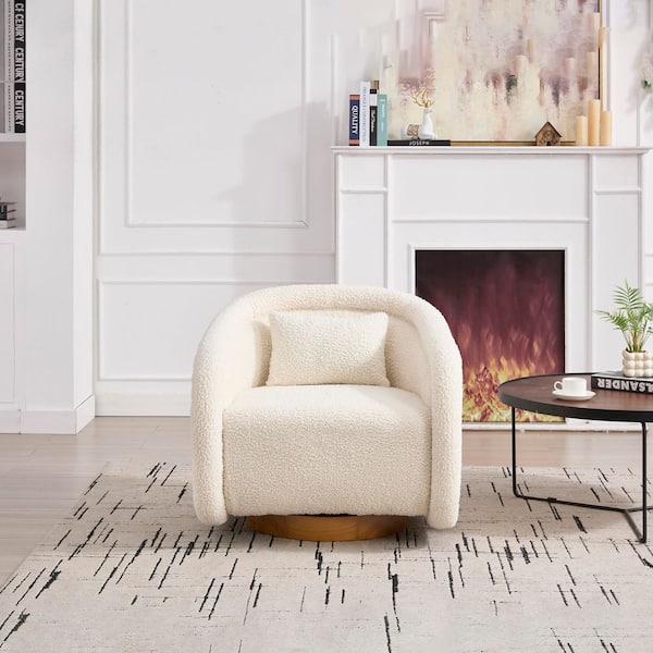 30.7 in. White Teddy Fabric Swivel Accent Chair-360° Rotation, Barrel Shape with Rubber Wood Base