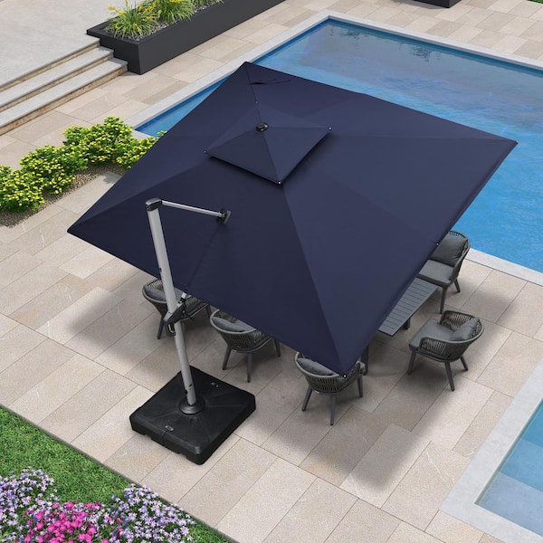 PURPLE LEAF 10 ft. x 12 ft. High-Quality Aluminum Cantilever Polyester Outdoor Patio Umbrella with Base, Navy Blue