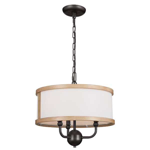 KICHLER Heddle 15.5 in. 3-Light Anvil Iron and Beech Vintage Shaded Drum Chandelier for Dining Room