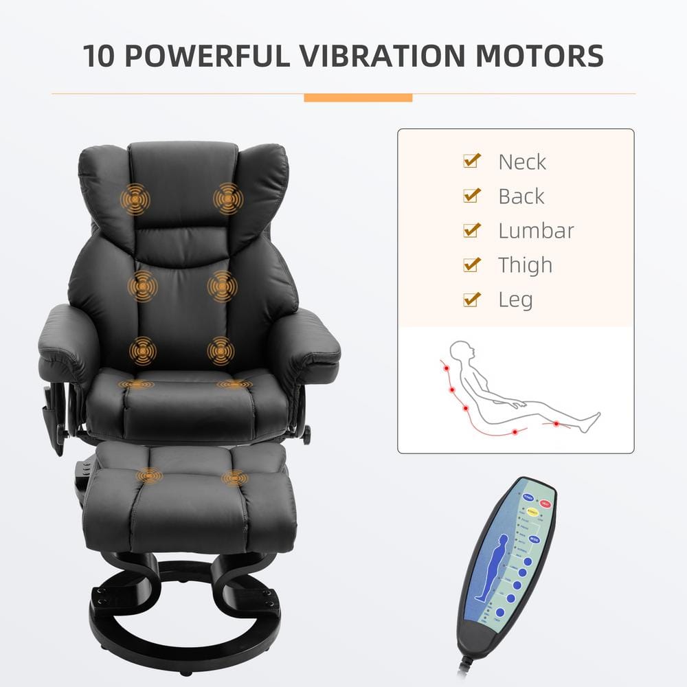 Black Faux Leather Massage Recliner with Ottoman and Metal Base