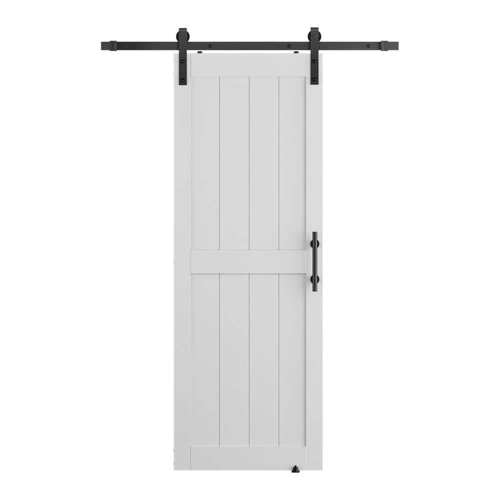 32 in. x 80 in. 2-Panel Plank White MDF Interior Sliding Barn Door with Har