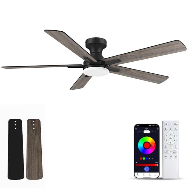 52 in. Smart Outdoor Indoor Black Flush Mount Ceiling Fan with RGB LED Lights and APP/Remote Control, Dimmable, 6-Speeds