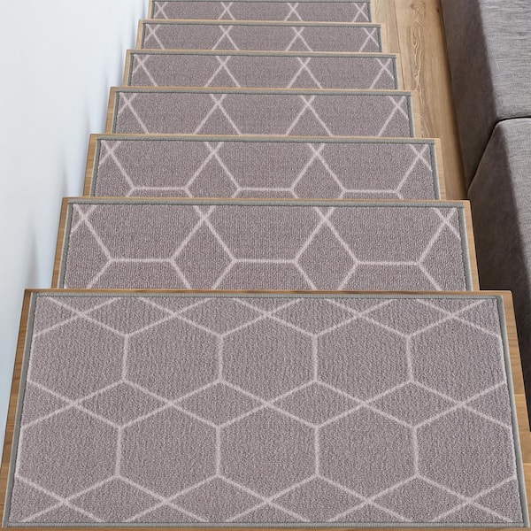 Hexagon Design Gray Color 8.5 in. x 26 in. Polyamide Stair Tread Cover Set of 13